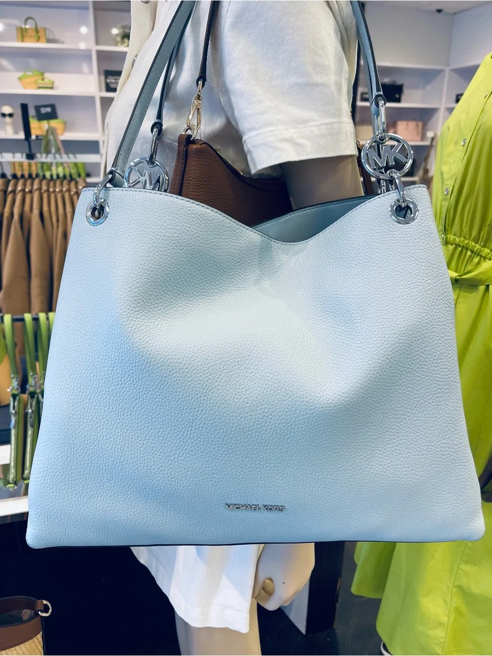 Michael Kors Christina Large Pebbled Leather Shoulder Bag Pale Ocean  NWT